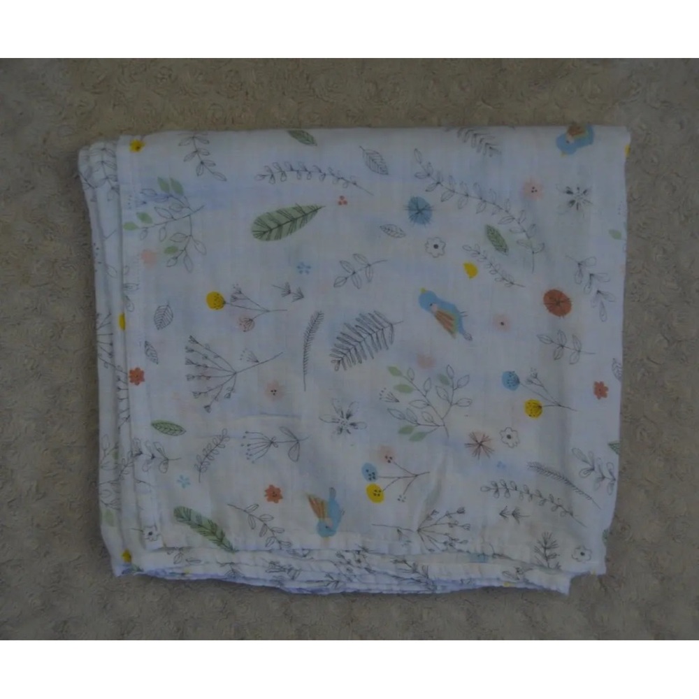 Angel Dear Blue Bird Baby Swaddle Blanket Flower Leaf Fern White Bamboo Floral